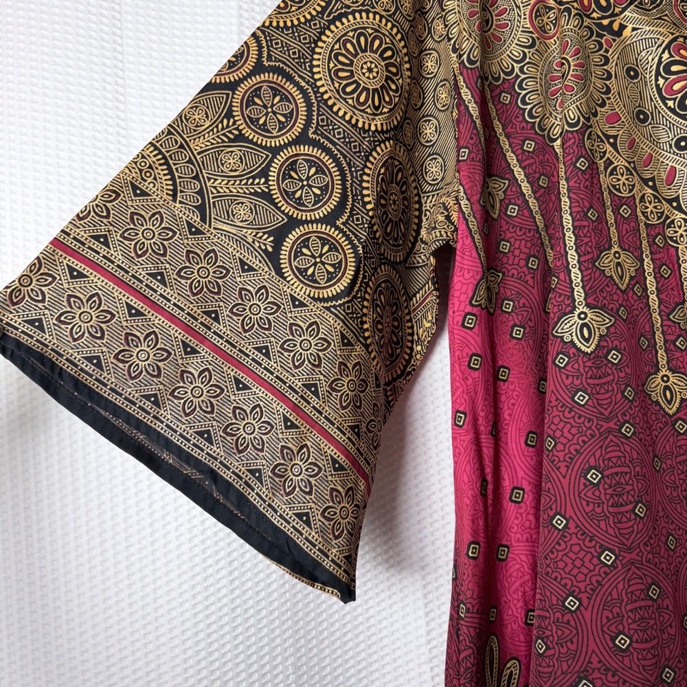Lapogee Tunic Dress Women 2X Burgundy Gold Boho Mandala Ruffle Hem Bell Sleeve - Picture 5 of 10